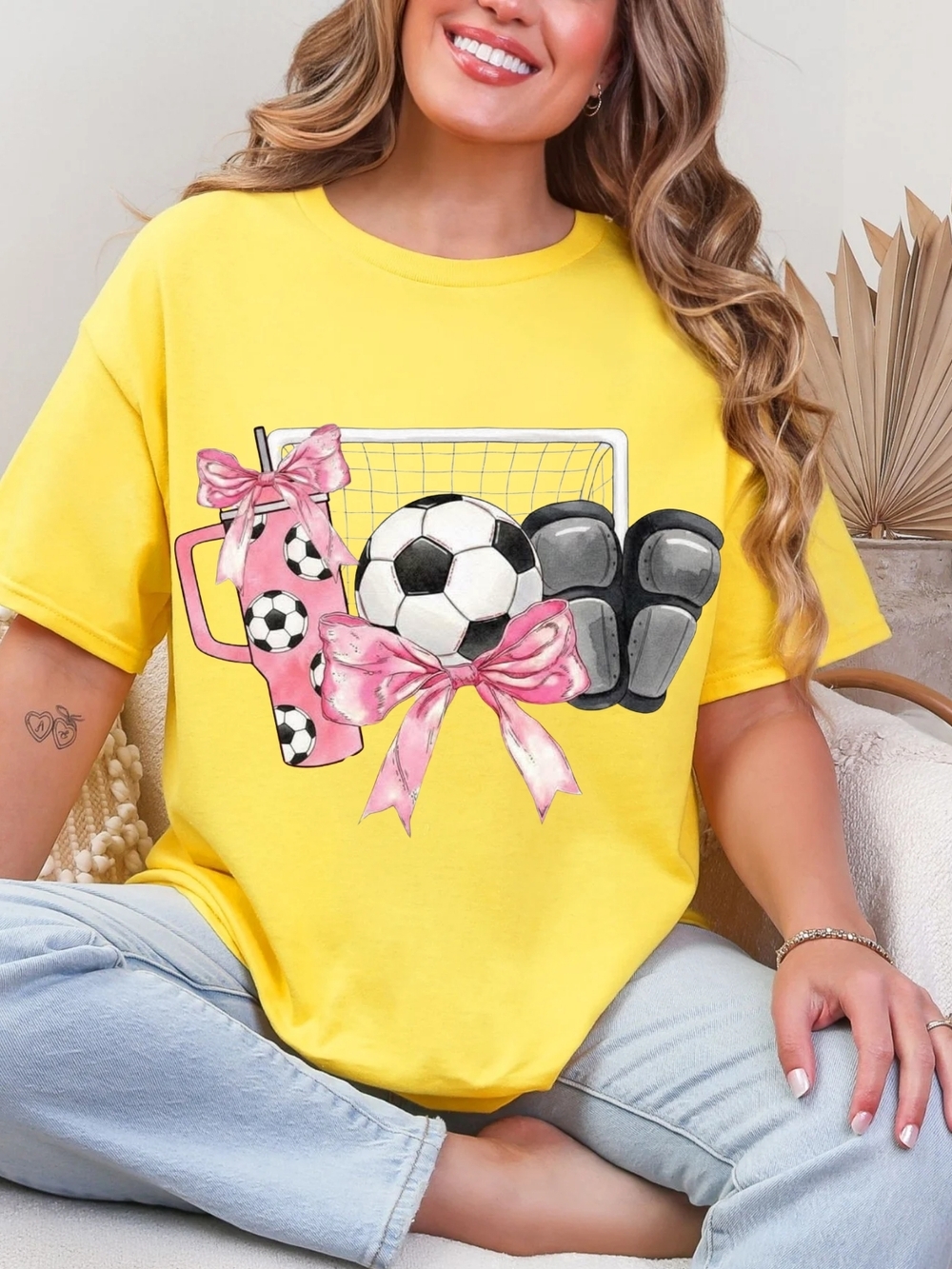 Gildan Yellow Short Sleeve Tee with Pink Bow Soccer Graphic